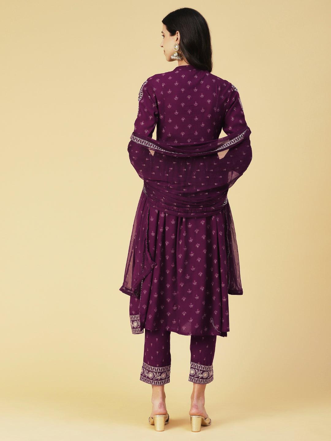 Ethnic Printed & Embroidered A-Line Kurta with Pant & Dupatta - Purple - Indiakreations