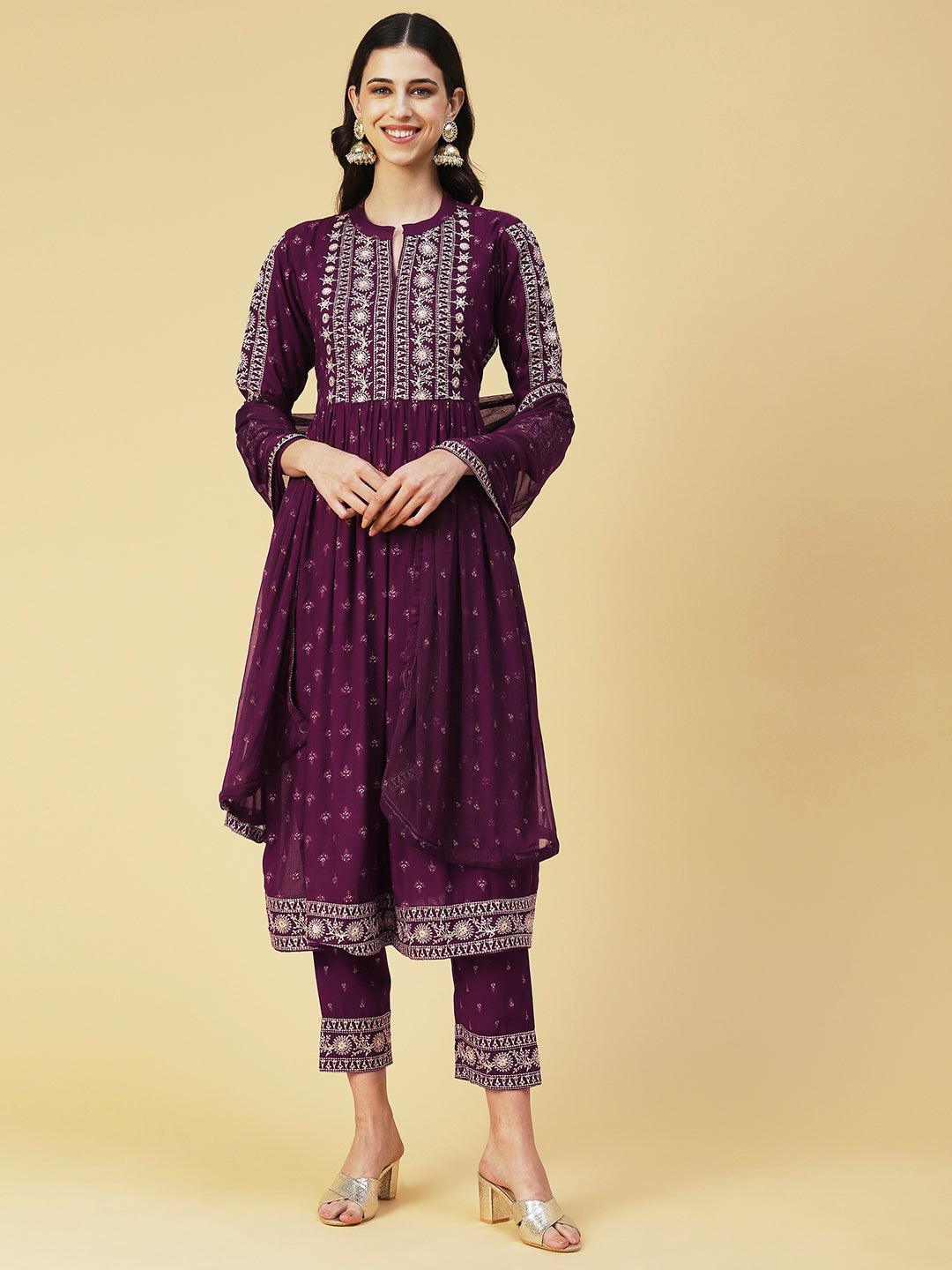 Ethnic Printed & Embroidered A-Line Kurta with Pant & Dupatta - Purple - Indiakreations