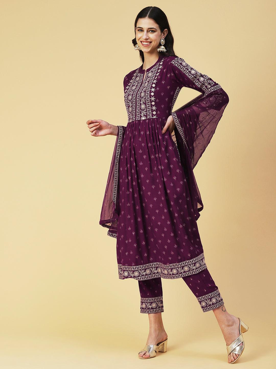 Ethnic Printed & Embroidered A-Line Kurta with Pant & Dupatta - Purple - Indiakreations