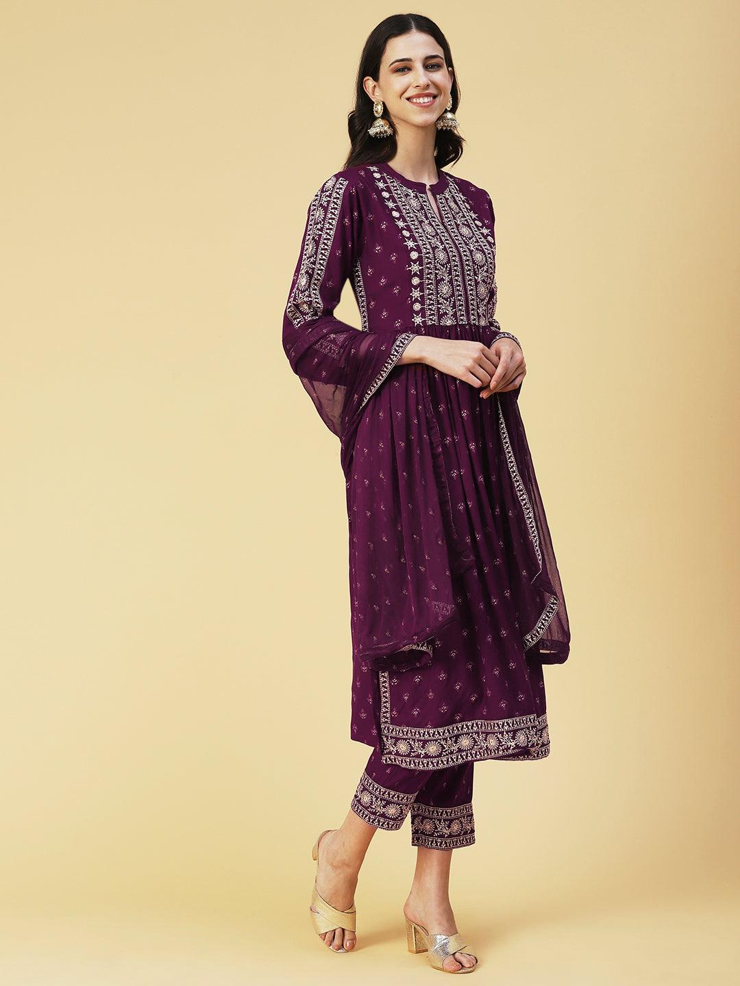 Ethnic Printed & Embroidered A-Line Kurta with Pant & Dupatta - Purple - Indiakreations