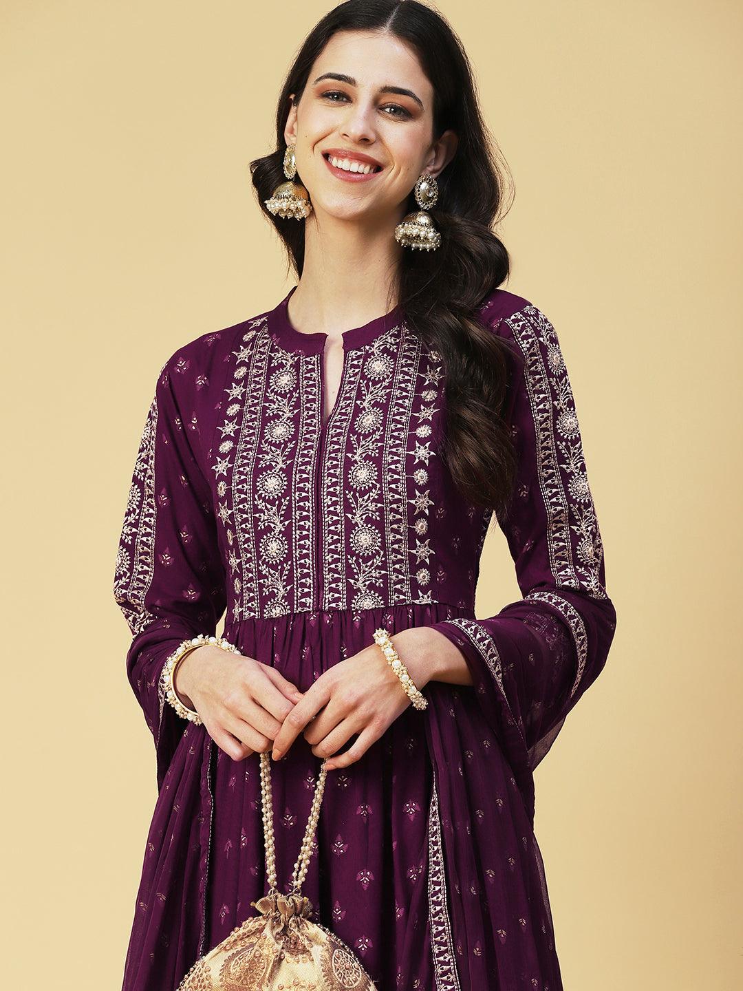 Ethnic Printed & Embroidered A-Line Kurta with Pant & Dupatta - Purple - Indiakreations