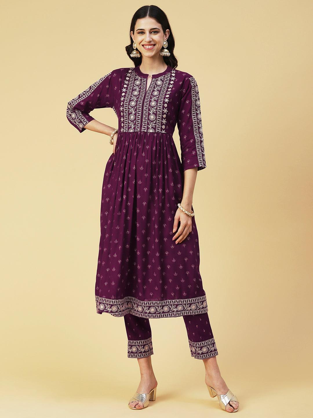 Ethnic Printed & Embroidered A-Line Kurta with Pant & Dupatta - Purple - Indiakreations