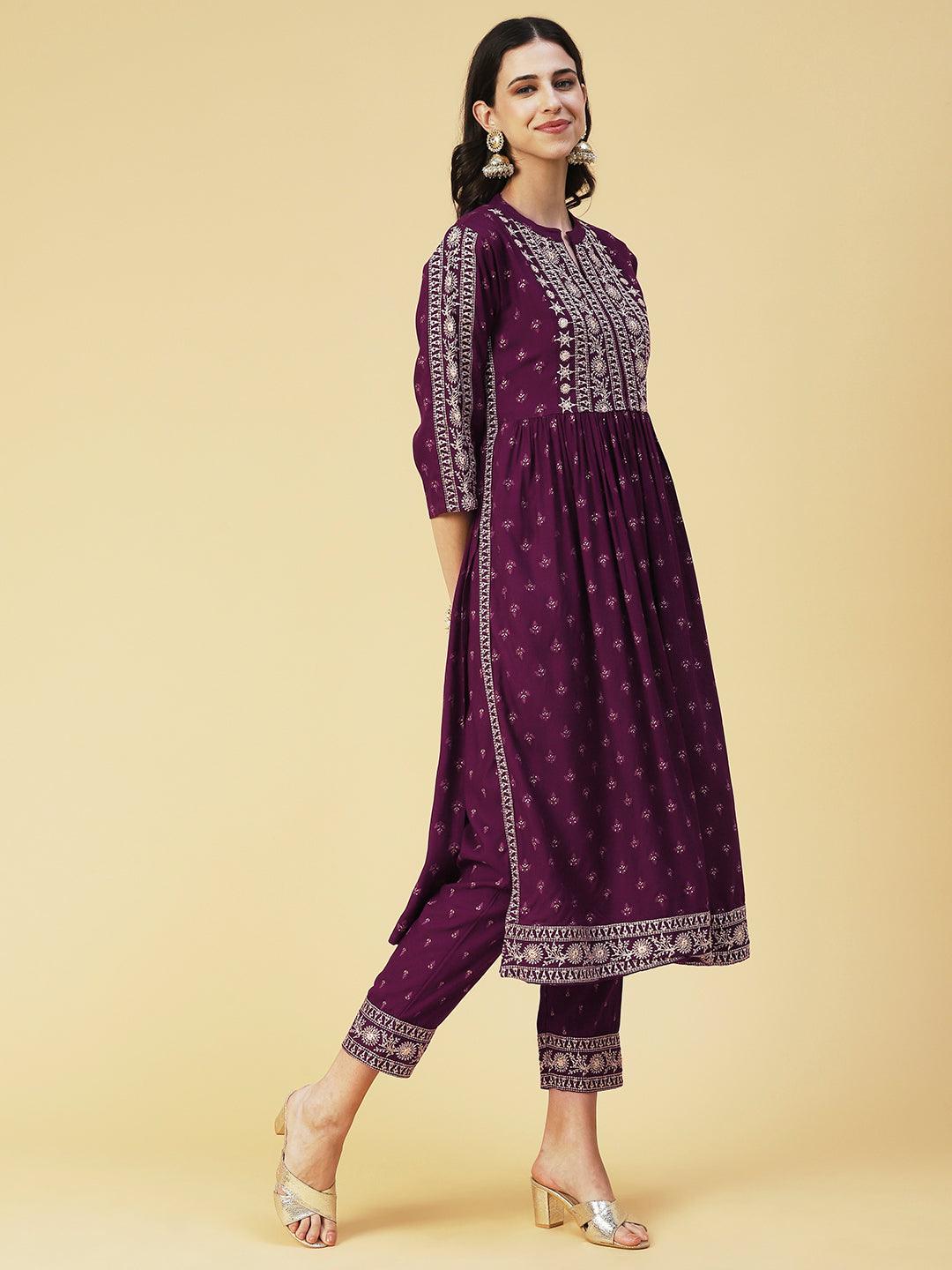 Ethnic Printed & Embroidered A-Line Kurta with Pant & Dupatta - Purple - Indiakreations