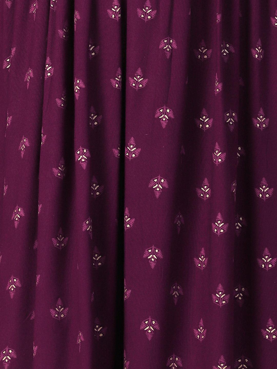 Ethnic Printed & Embroidered A-Line Kurta with Pant & Dupatta - Purple - Indiakreations