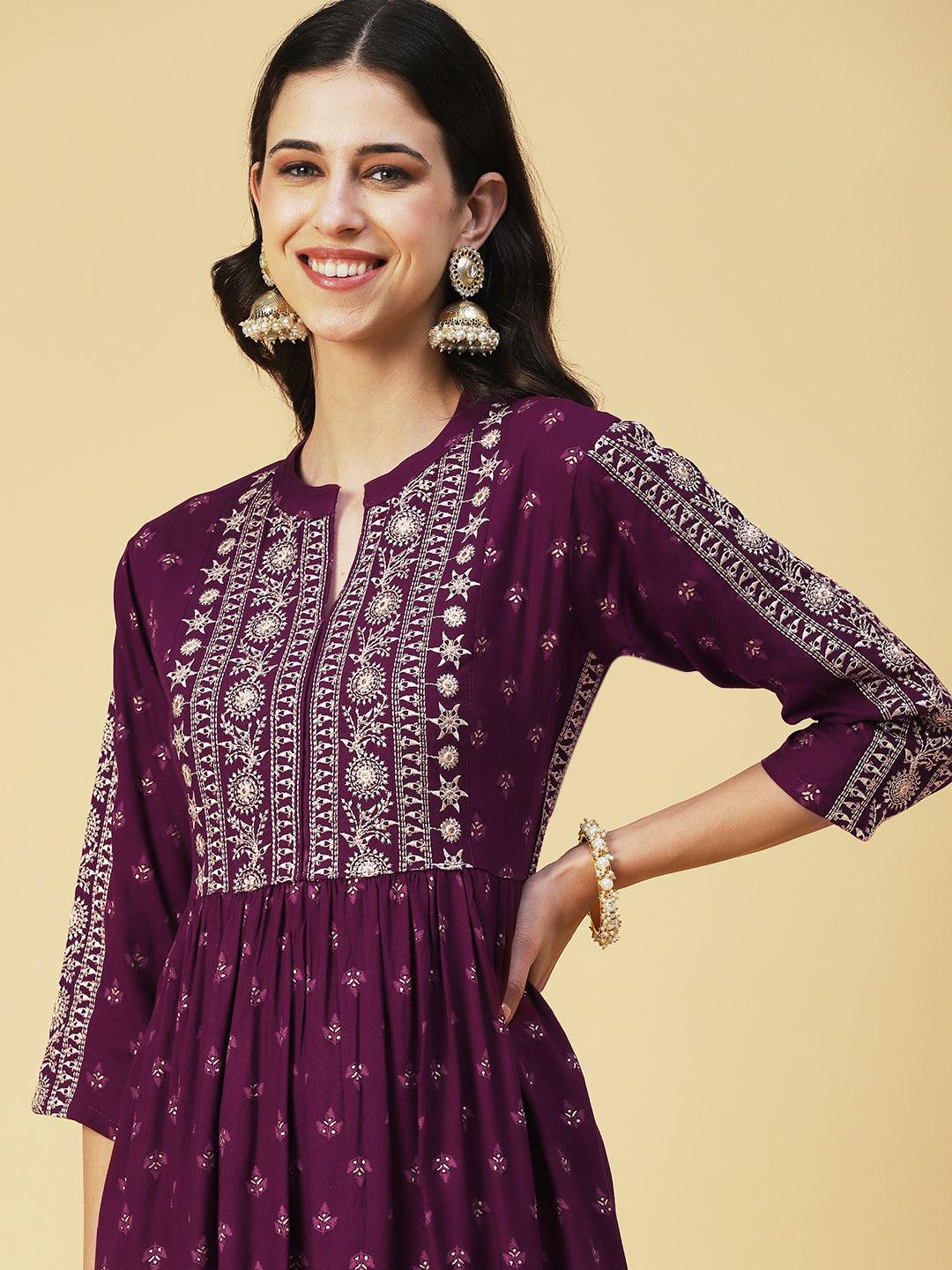 Ethnic Printed & Embroidered A-Line Kurta with Pant & Dupatta - Purple - Indiakreations