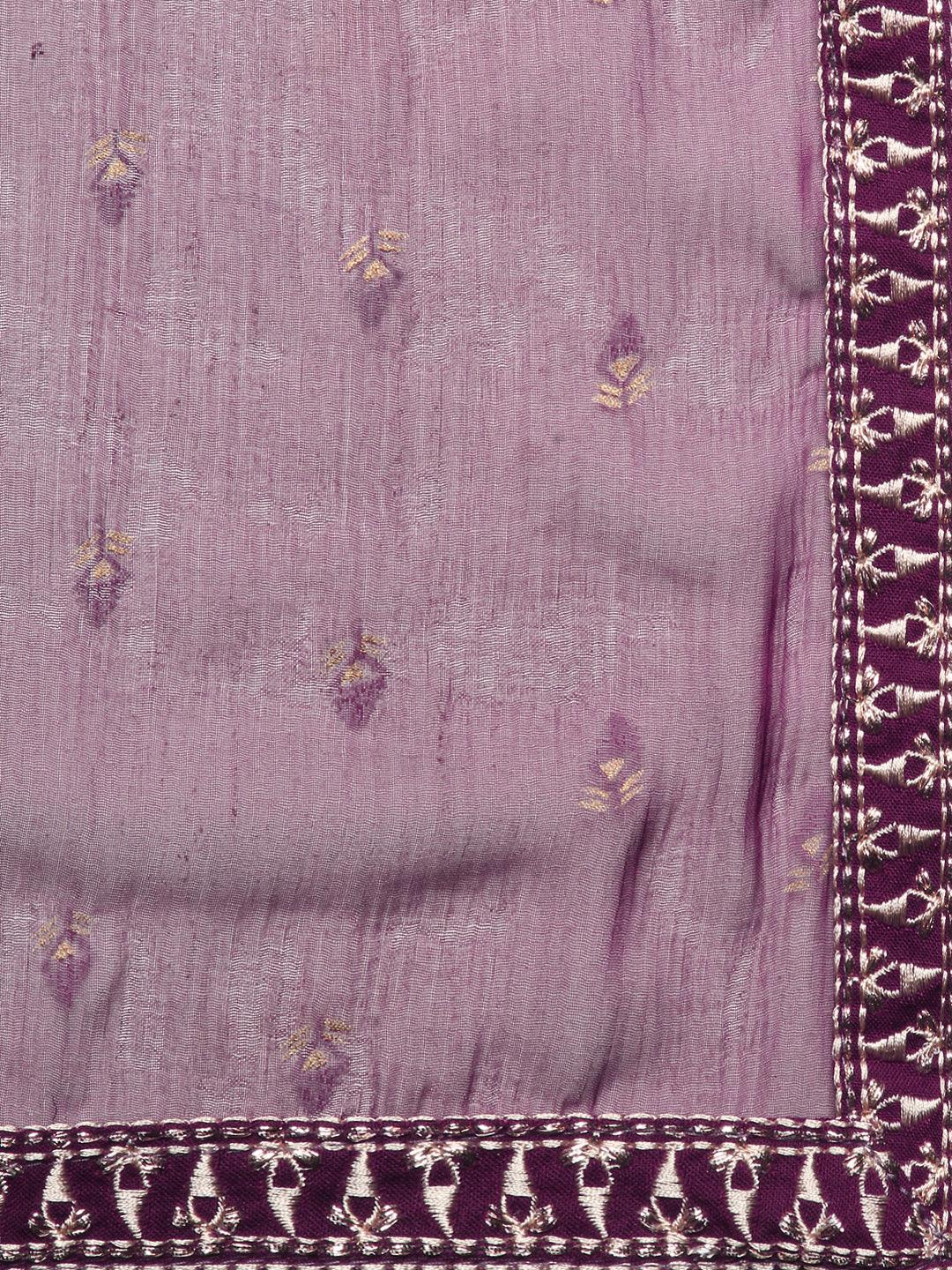 Ethnic Printed & Embroidered A-Line Kurta with Pant & Dupatta - Purple - Indiakreations