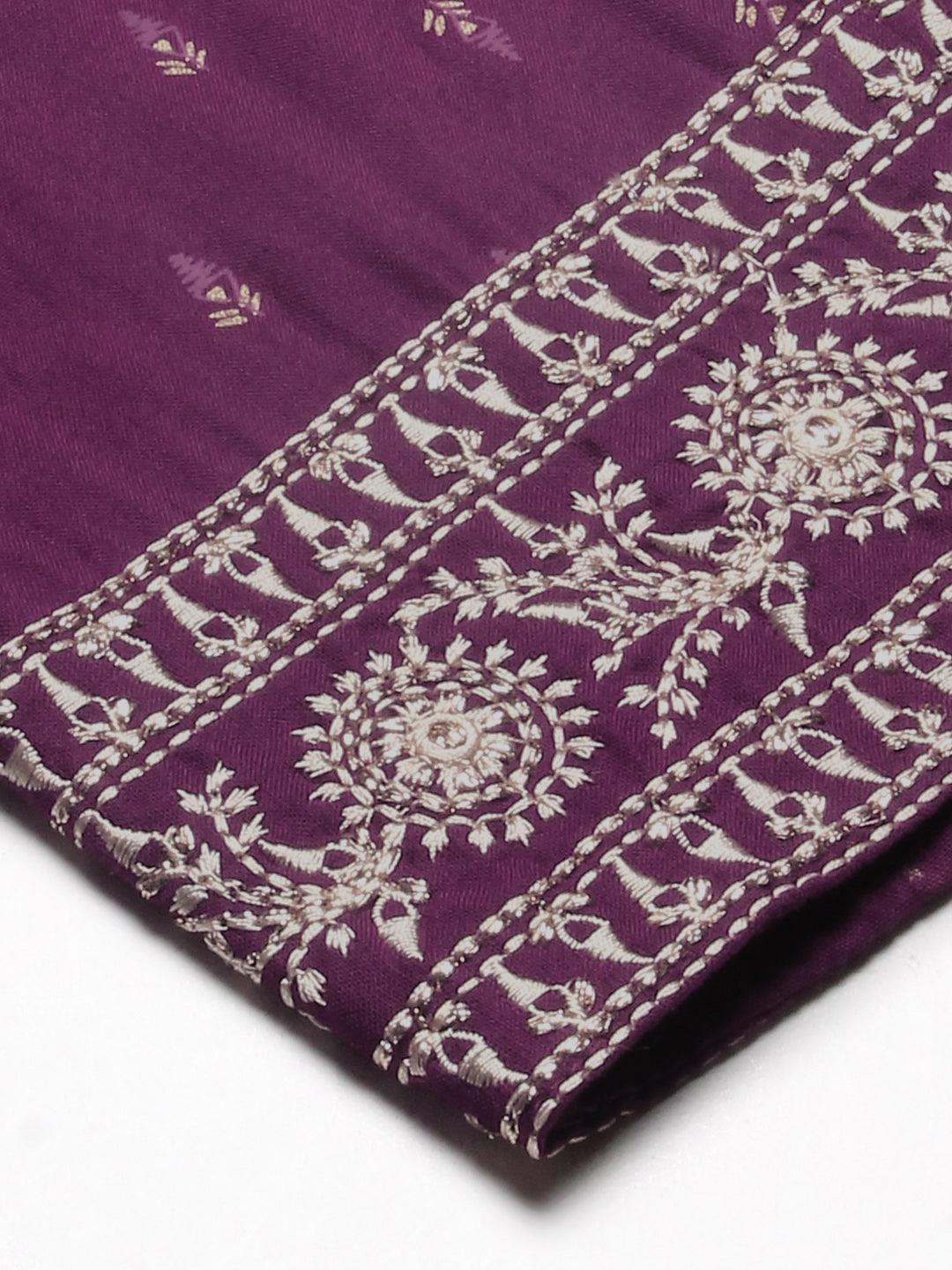 Ethnic Printed & Embroidered A-Line Kurta with Pant & Dupatta - Purple - Indiakreations