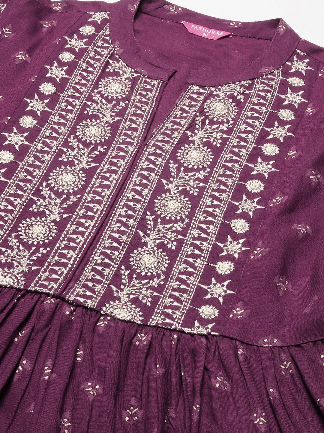 Ethnic Printed & Embroidered A-Line Kurta with Pant & Dupatta - Purple - Indiakreations