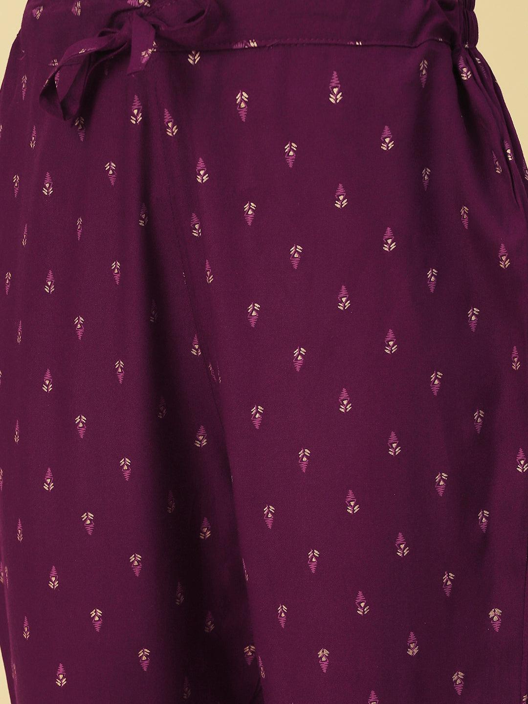 Ethnic Printed & Embroidered A-Line Kurta with Pant & Dupatta - Purple - Indiakreations