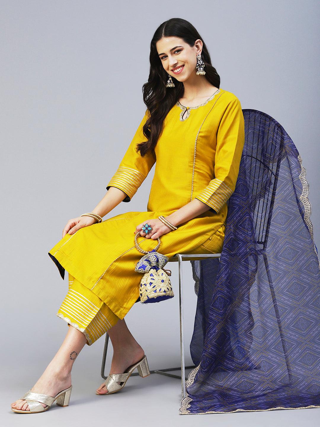 Solid Princess Cut Straight Kurta with Palazzo & Bandhani Printed Dupatta - Yellow - Indiakreations