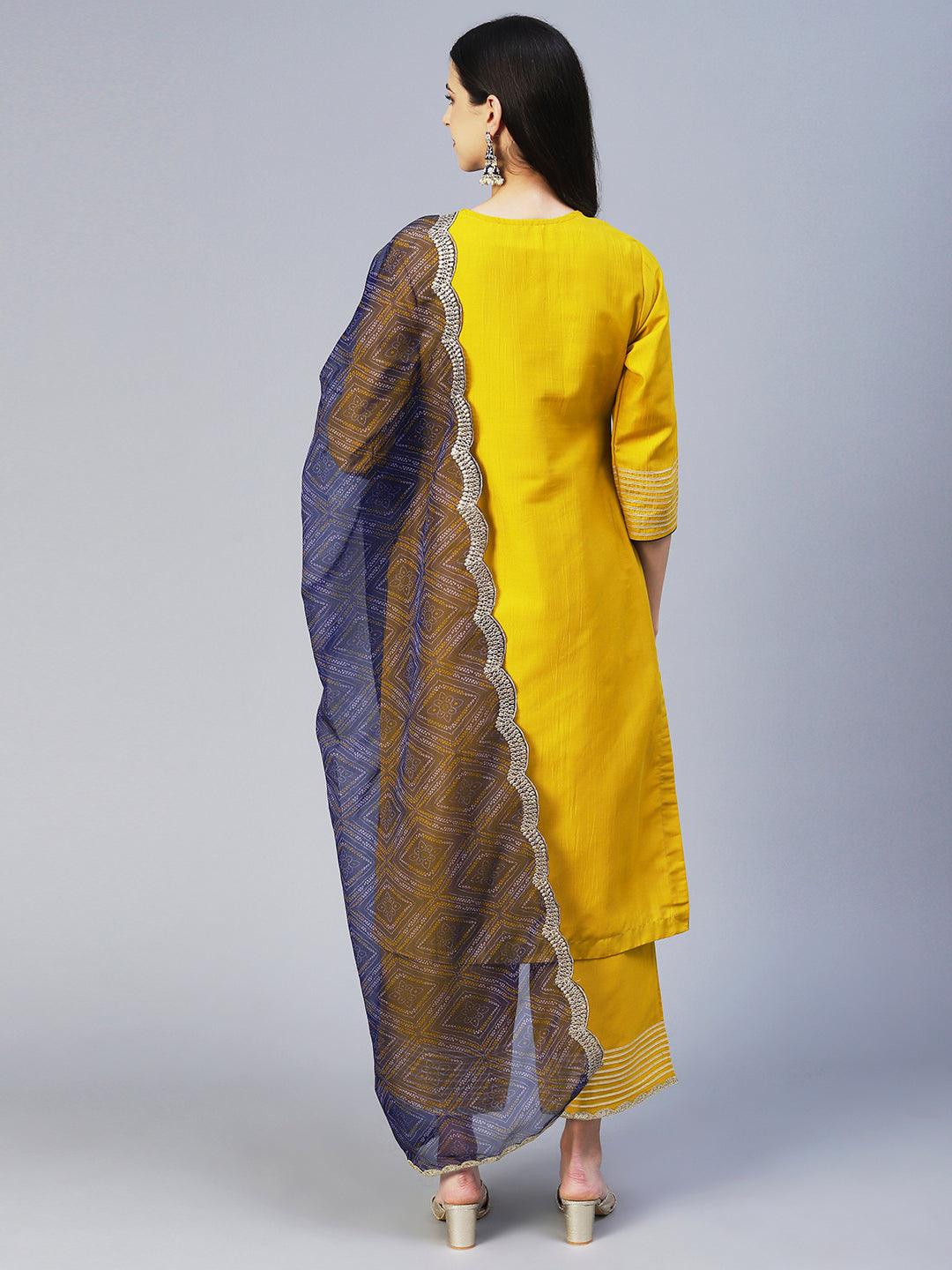 Solid Princess Cut Straight Kurta with Palazzo & Bandhani Printed Dupatta - Yellow - Indiakreations