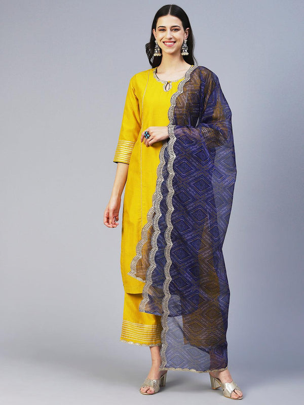 Solid Princess Cut Straight Kurta with Palazzo & Bandhani Printed Dupatta - Yellow - Indiakreations