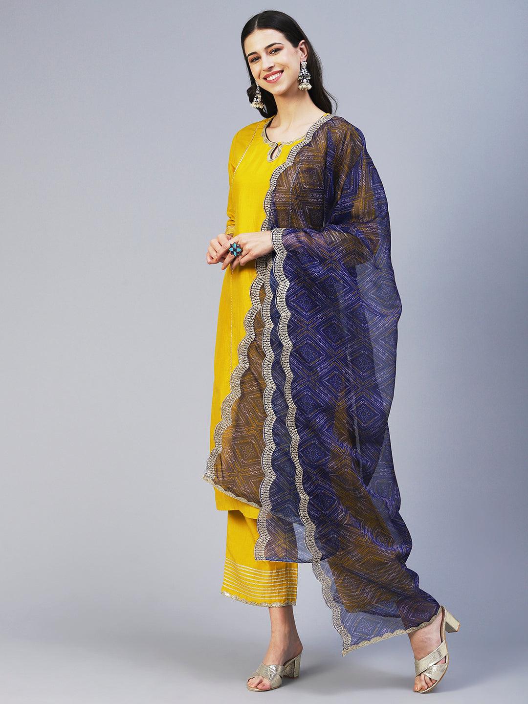 Solid Princess Cut Straight Kurta with Palazzo & Bandhani Printed Dupatta - Yellow - Indiakreations