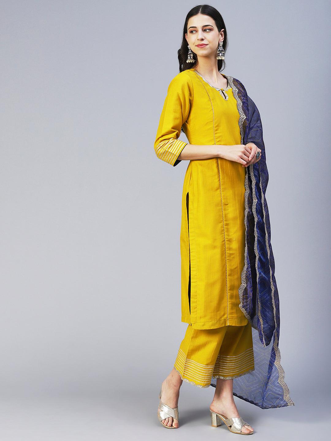 Solid Princess Cut Straight Kurta with Palazzo & Bandhani Printed Dupatta - Yellow - Indiakreations