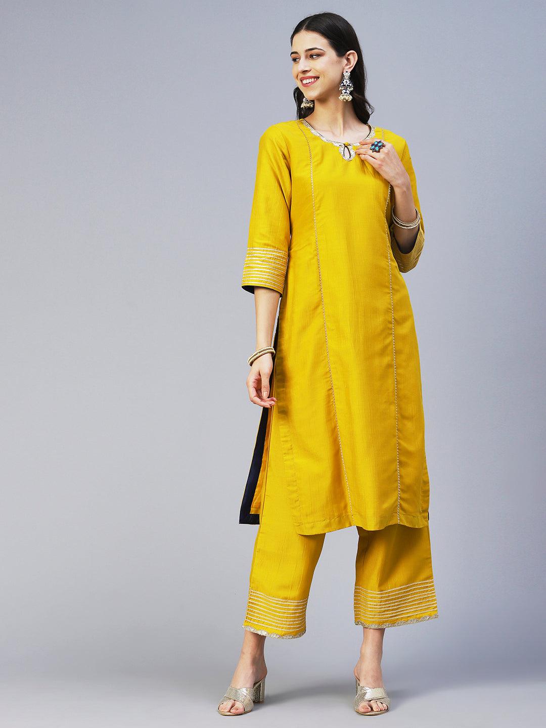 Solid Princess Cut Straight Kurta with Palazzo & Bandhani Printed Dupatta - Yellow - Indiakreations