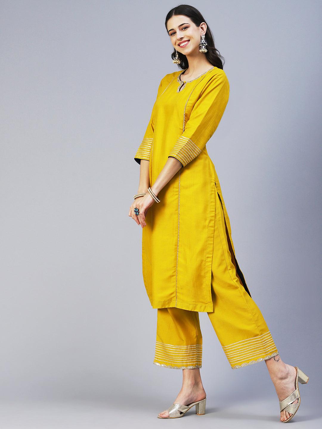 Solid Princess Cut Straight Kurta with Palazzo & Bandhani Printed Dupatta - Yellow - Indiakreations