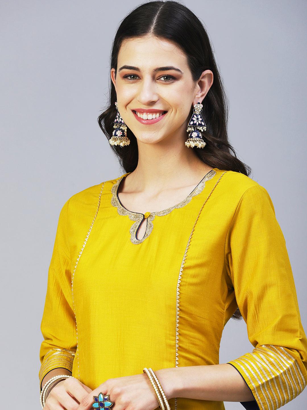 Solid Princess Cut Straight Kurta with Palazzo & Bandhani Printed Dupatta - Yellow - Indiakreations