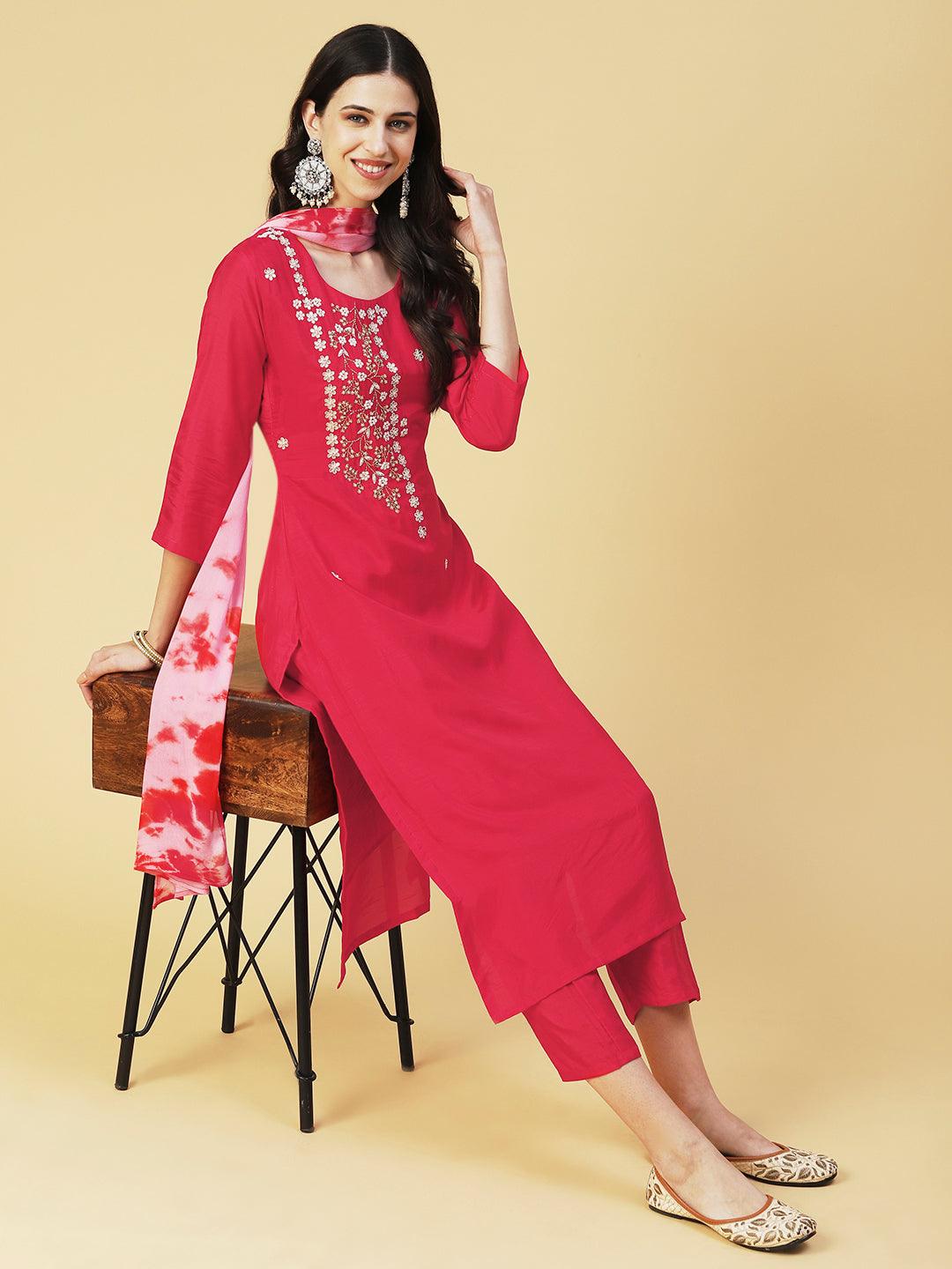 Solid Gotapatti Embroidered Kurta With Pants & Shibori Dupatta - Red - Indiakreations