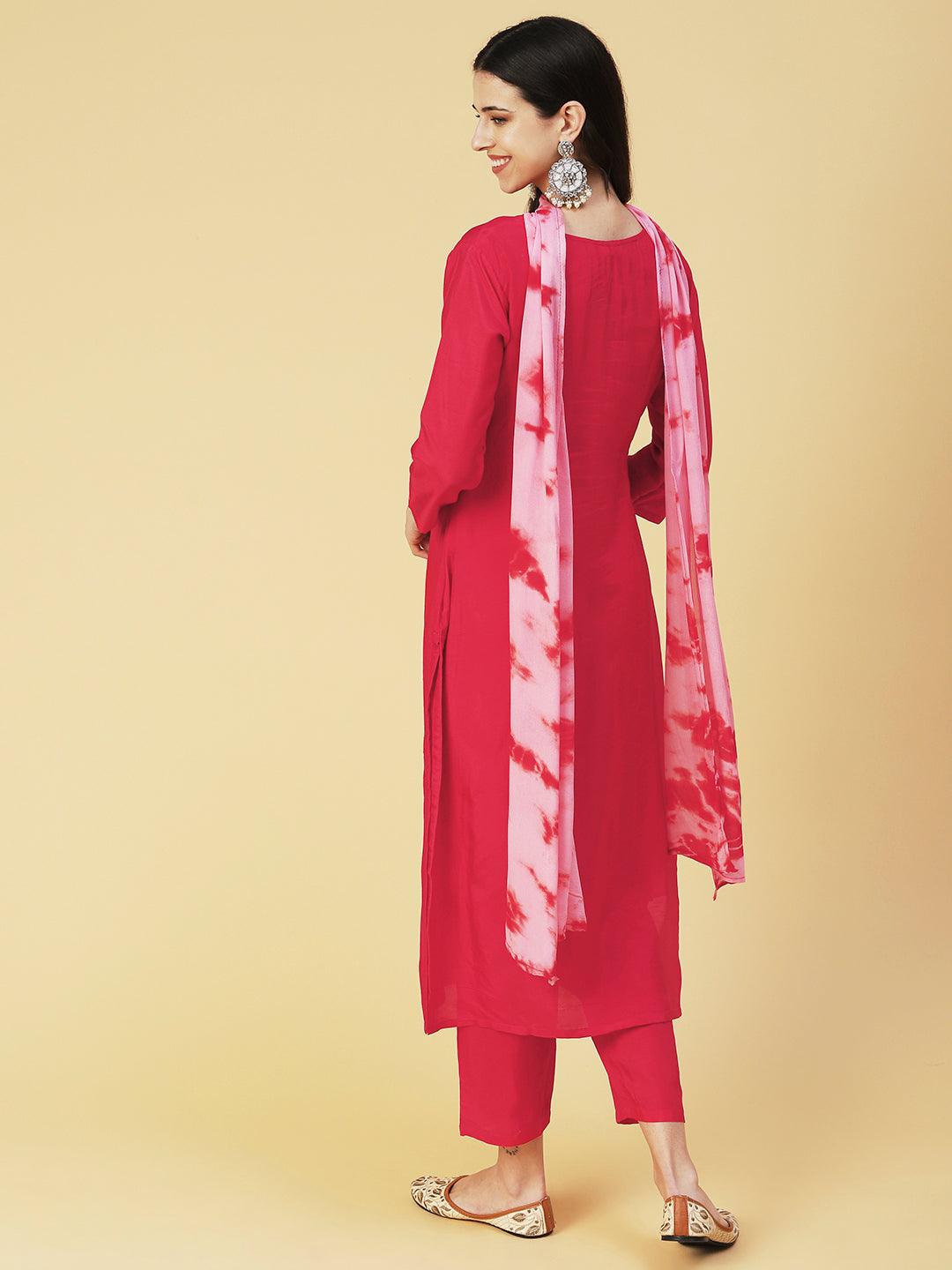 Solid Gotapatti Embroidered Kurta With Pants & Shibori Dupatta - Red - Indiakreations