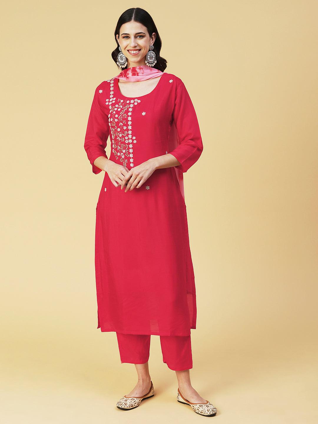 Solid Gotapatti Embroidered Kurta With Pants & Shibori Dupatta - Red - Indiakreations