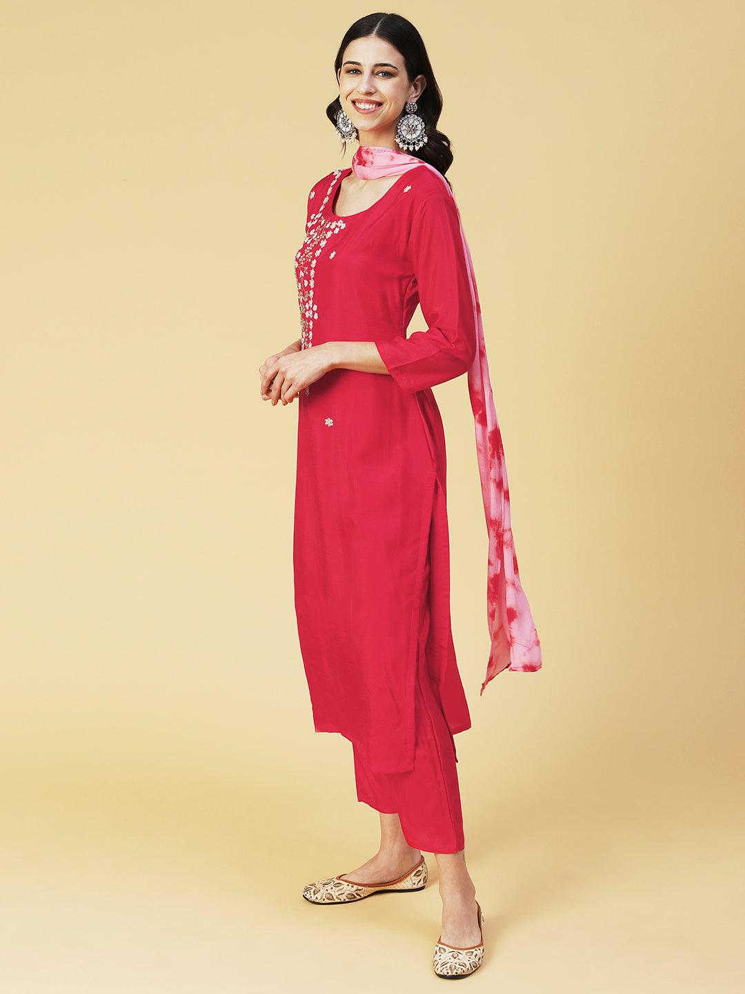 Solid Gotapatti Embroidered Kurta With Pants & Shibori Dupatta - Red - Indiakreations