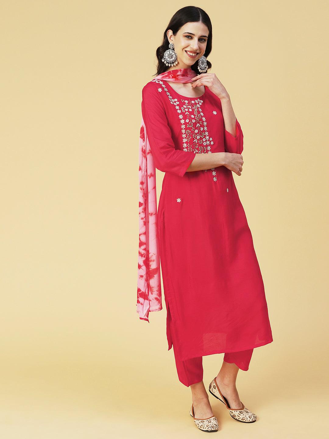 Solid Gotapatti Embroidered Kurta With Pants & Shibori Dupatta - Red - Indiakreations