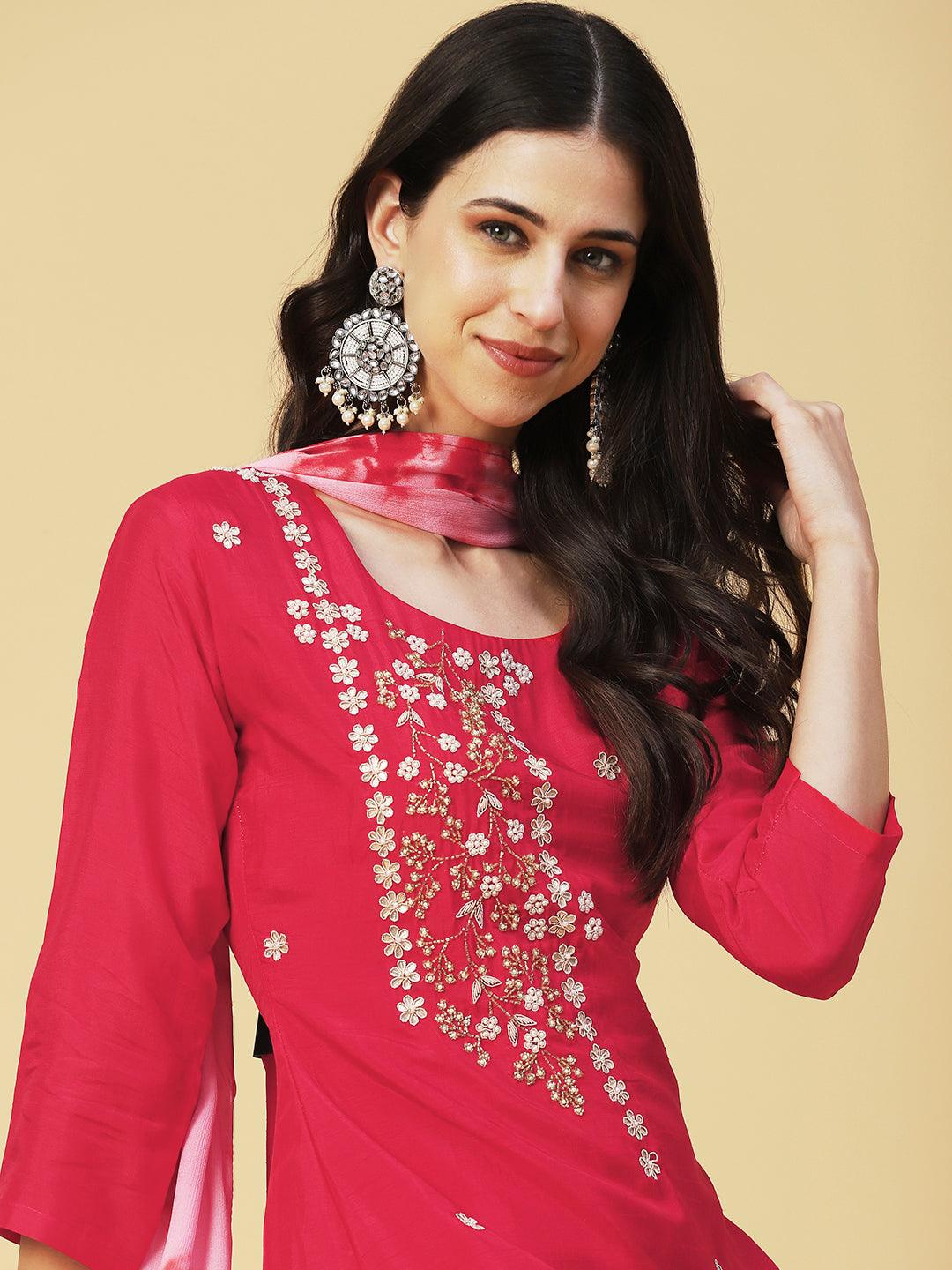 Solid Gotapatti Embroidered Kurta With Pants & Shibori Dupatta - Red - Indiakreations