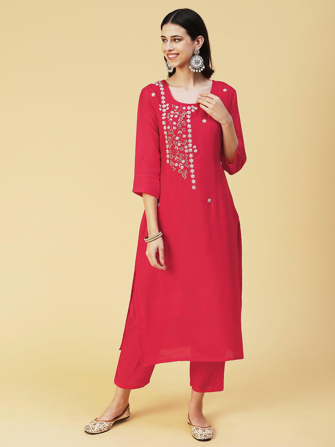 Solid Gotapatti Embroidered Kurta With Pants & Shibori Dupatta - Red - Indiakreations