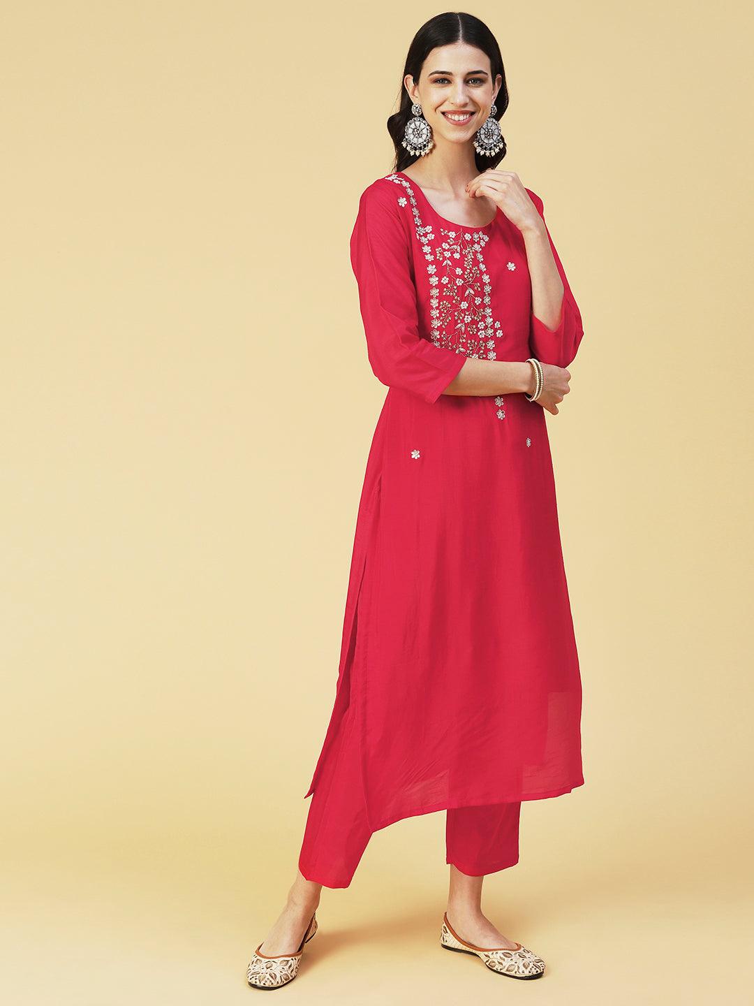 Solid Gotapatti Embroidered Kurta With Pants & Shibori Dupatta - Red - Indiakreations