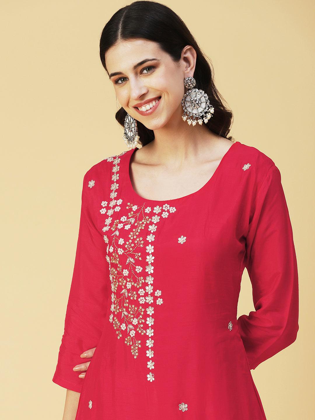 Solid Gotapatti Embroidered Kurta With Pants & Shibori Dupatta - Red - Indiakreations