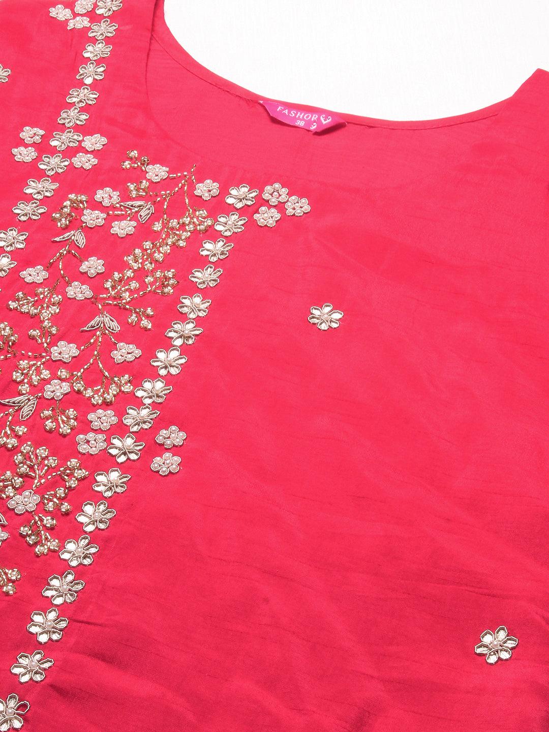 Solid Gotapatti Embroidered Kurta With Pants & Shibori Dupatta - Red - Indiakreations