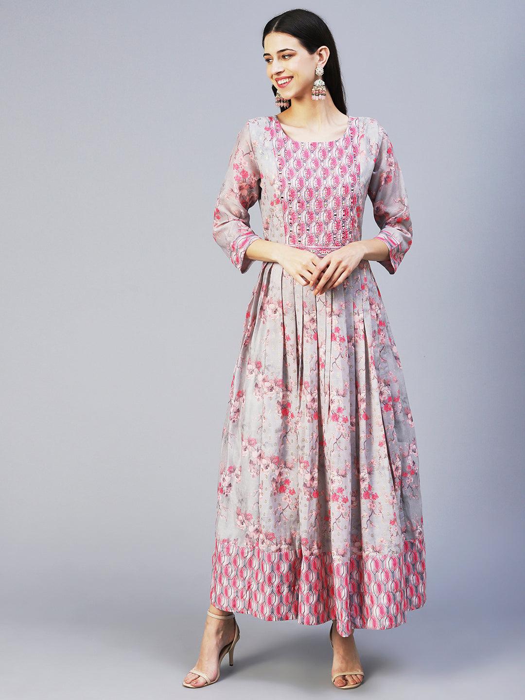 Floral Printed Mirror Embroidered Jacquard Dress With Embroidered Belt - Grey - Indiakreations