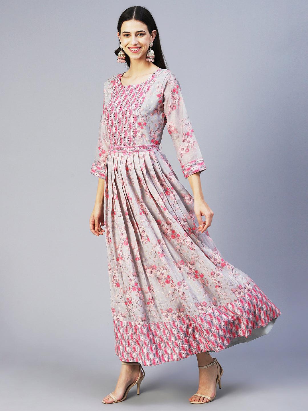 Floral Printed Mirror Embroidered Jacquard Dress With Embroidered Belt - Grey - Indiakreations