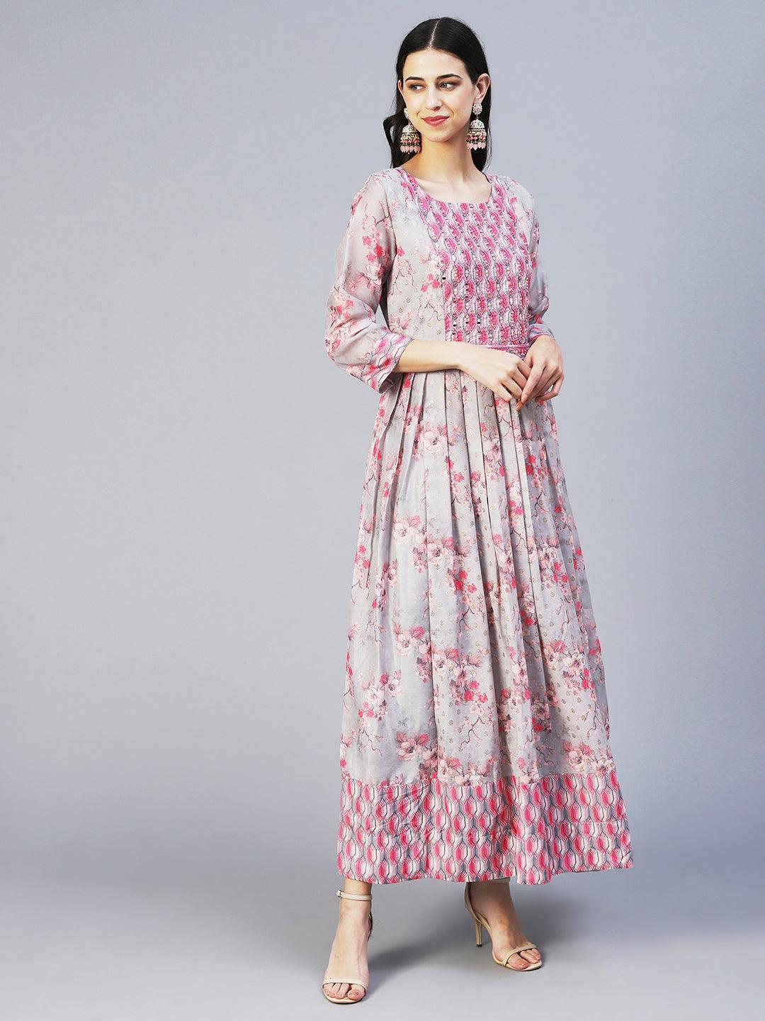 Floral Printed Mirror Embroidered Jacquard Dress With Embroidered Belt - Grey - Indiakreations