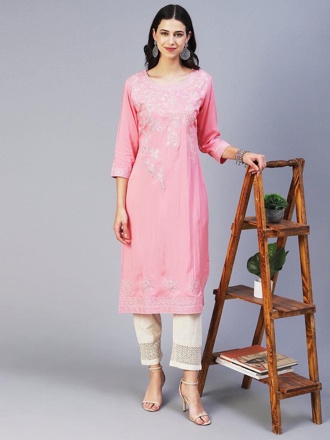 Solid Resham & Sequins Embroidered Kurta - Pink - Indiakreations