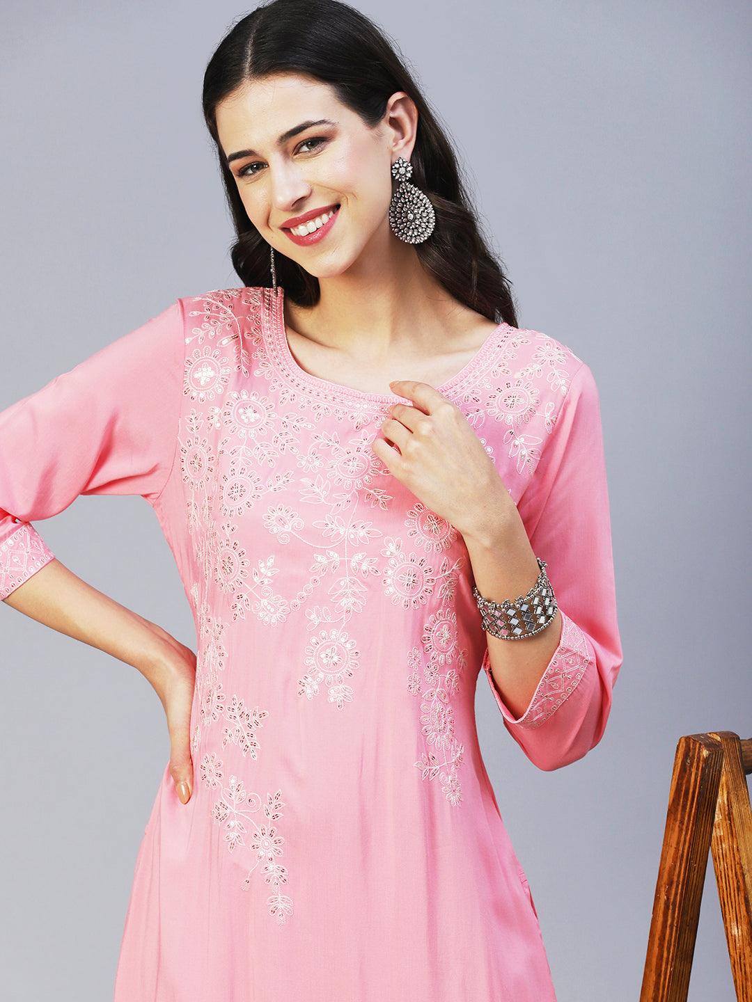 Solid Resham & Sequins Embroidered Kurta - Pink - Indiakreations