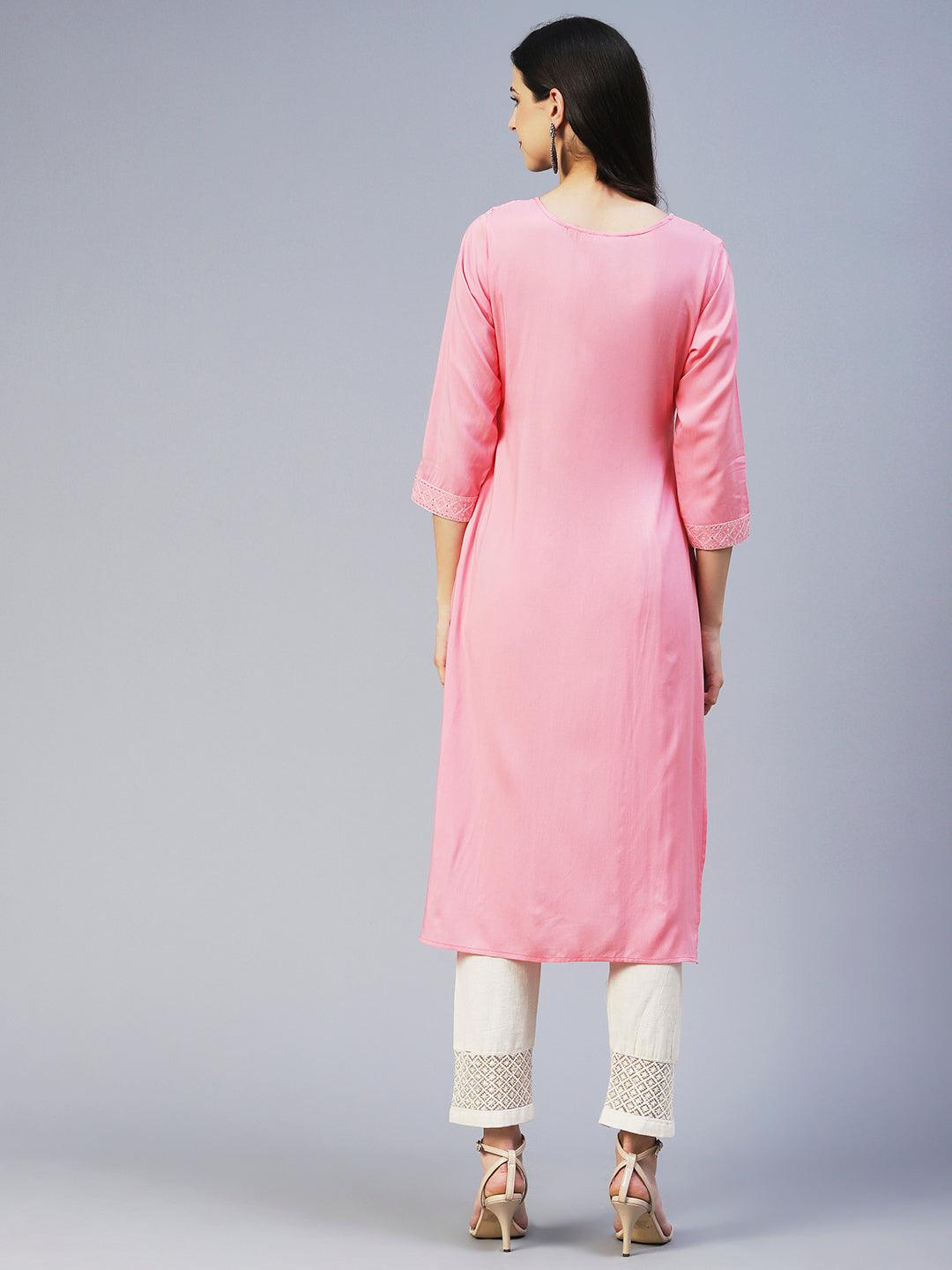 Solid Resham & Sequins Embroidered Kurta - Pink - Indiakreations