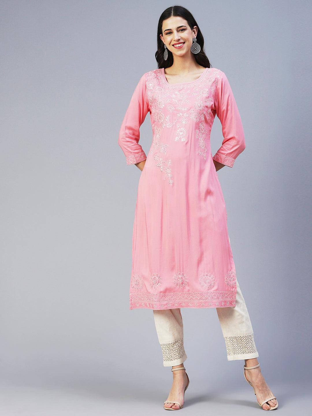 Solid Resham & Sequins Embroidered Kurta - Pink - Indiakreations