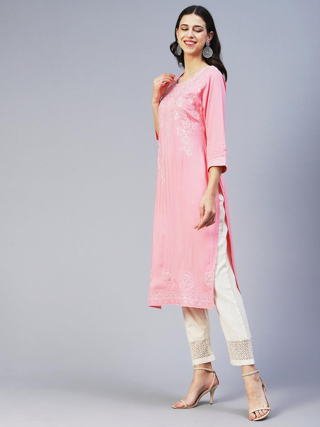 Solid Resham & Sequins Embroidered Kurta - Pink - Indiakreations