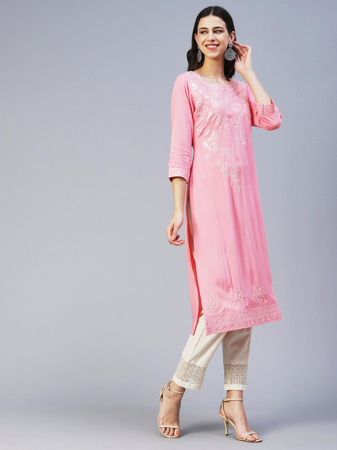 Solid Resham & Sequins Embroidered Kurta - Pink - Indiakreations