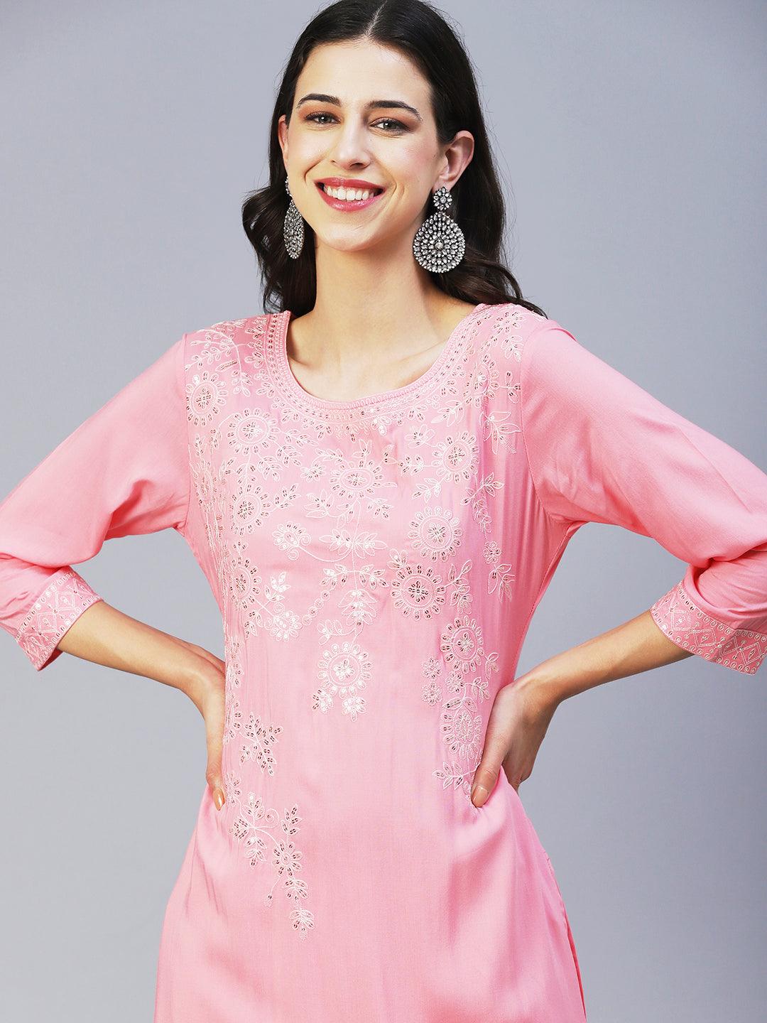 Solid Resham & Sequins Embroidered Kurta - Pink - Indiakreations