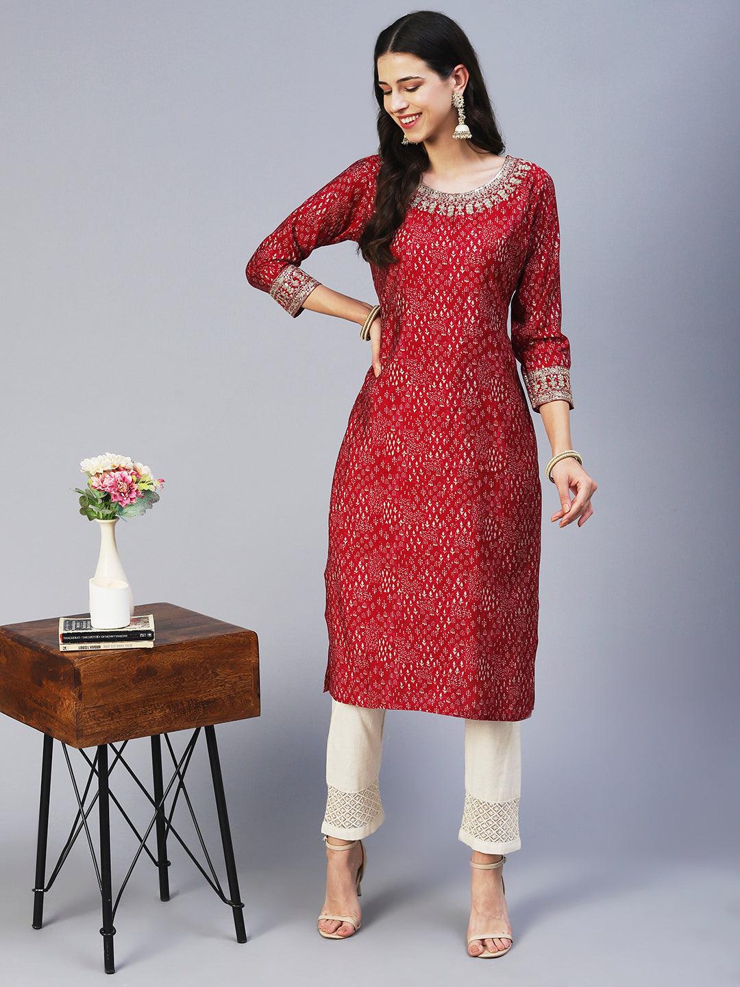 Ethnic Printed & Embroidered Straight Fit Kurta - Magenta - Indiakreations