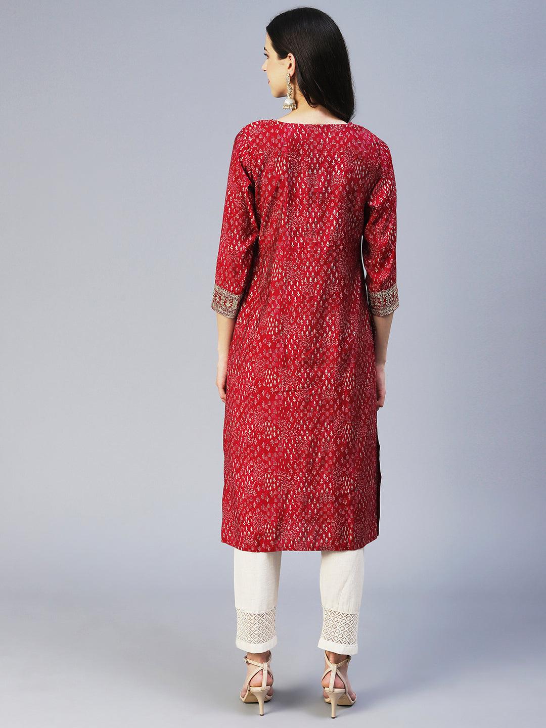 Ethnic Printed & Embroidered Straight Fit Kurta - Magenta - Indiakreations