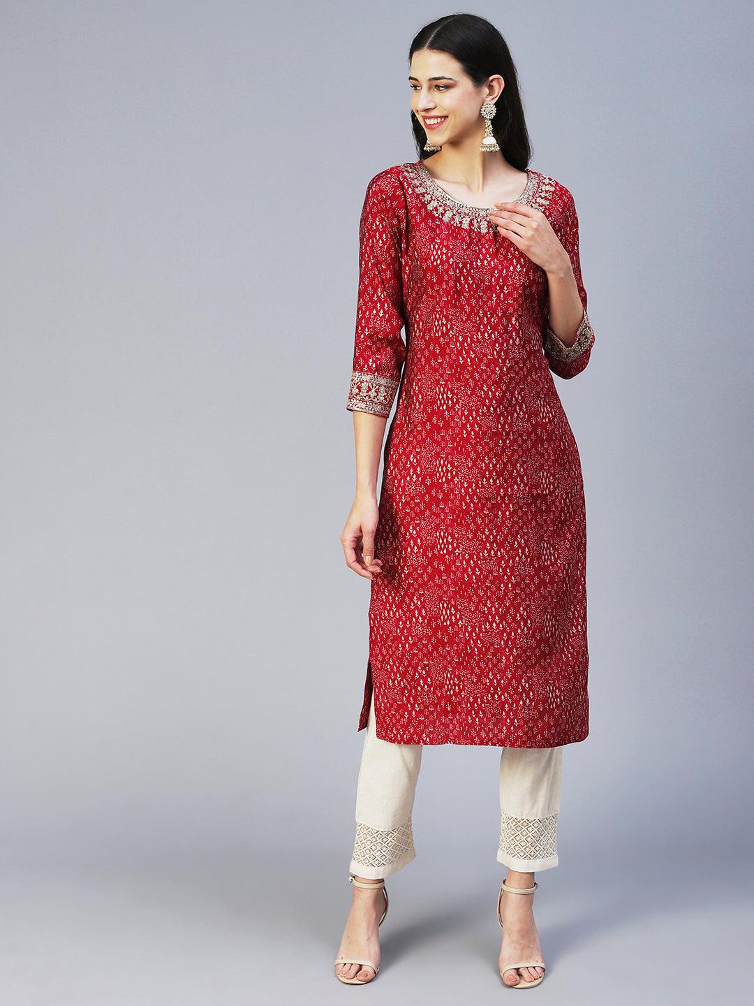 Ethnic Printed & Embroidered Straight Fit Kurta - Magenta - Indiakreations