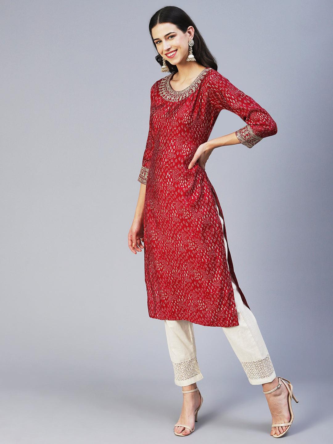 Ethnic Printed & Embroidered Straight Fit Kurta - Magenta - Indiakreations