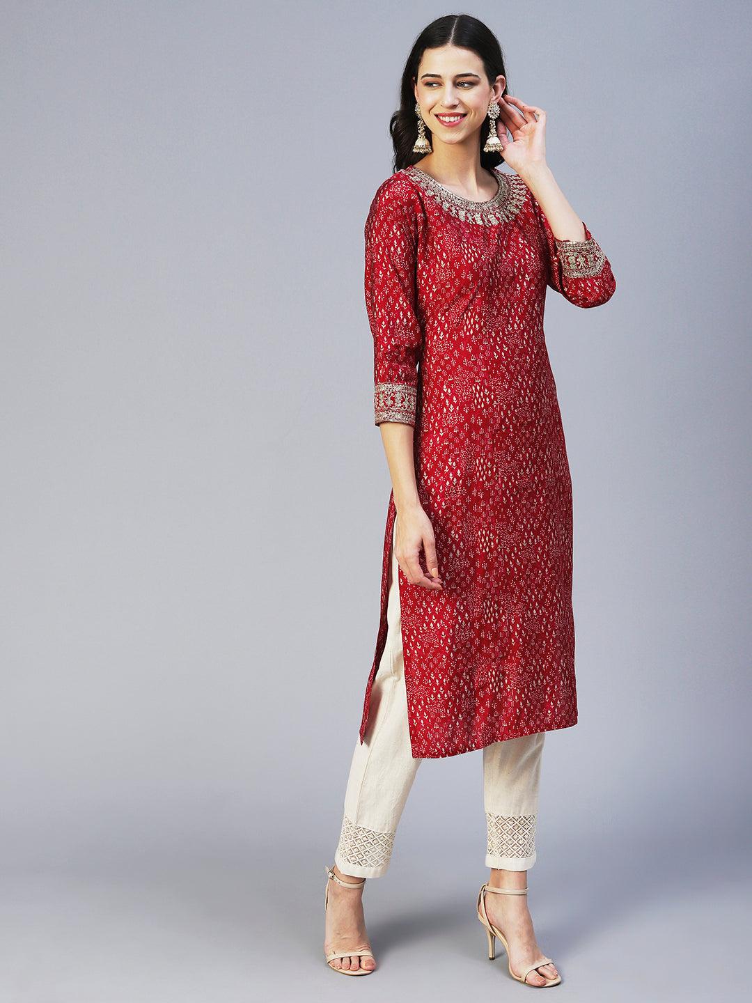 Ethnic Printed & Embroidered Straight Fit Kurta - Magenta - Indiakreations