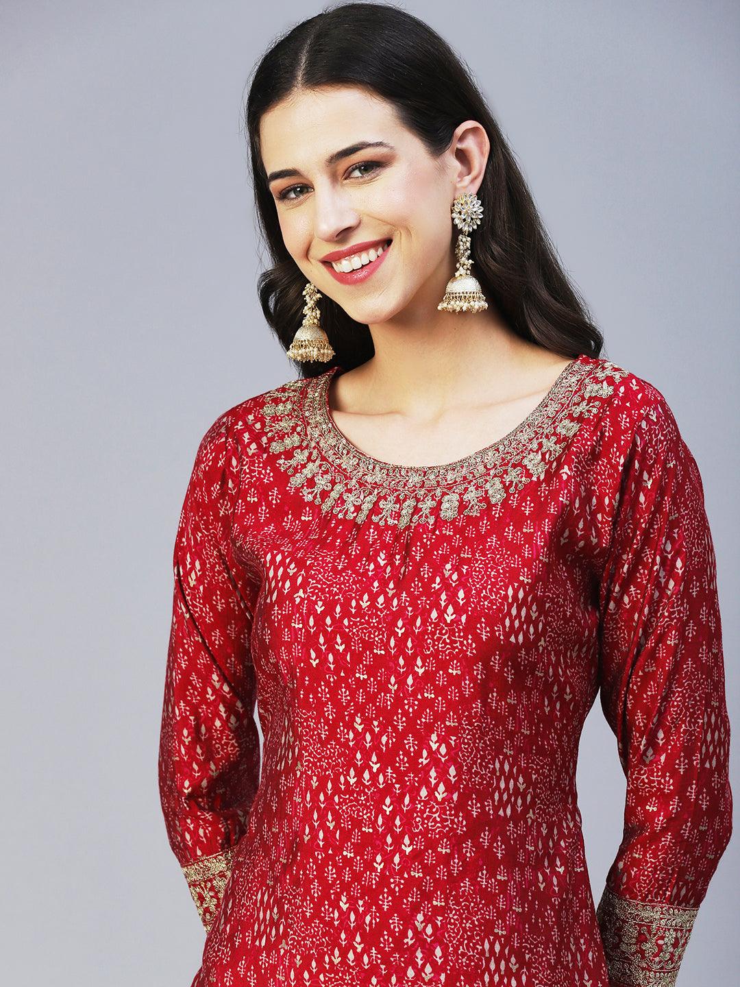 Ethnic Printed & Embroidered Straight Fit Kurta - Magenta - Indiakreations