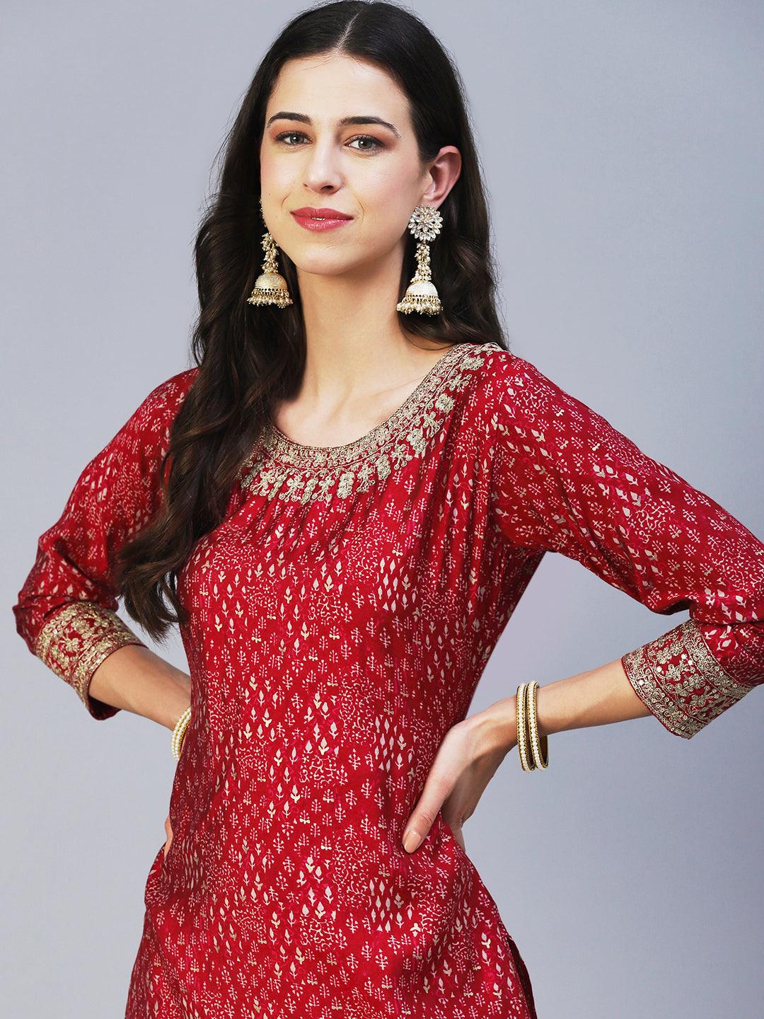 Ethnic Printed & Embroidered Straight Fit Kurta - Magenta - Indiakreations