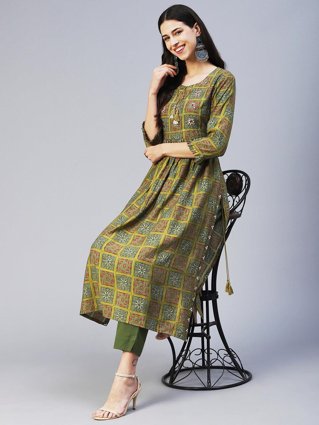 Ethnic Printed & Embroidered A-Line Kurta with Pant - Green - Indiakreations