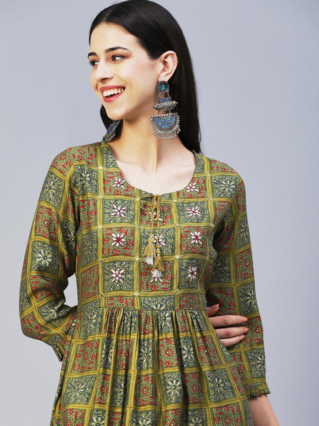 Ethnic Printed & Embroidered A-Line Kurta with Pant - Green - Indiakreations